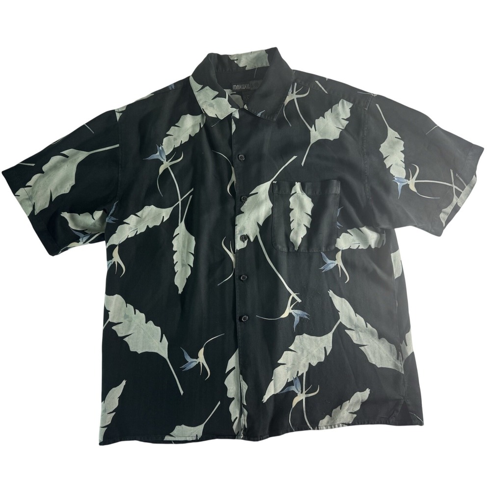 Vintage Maxwell Shirt Mens L‎ Black Silk Feather Hawaiian Button Up Light